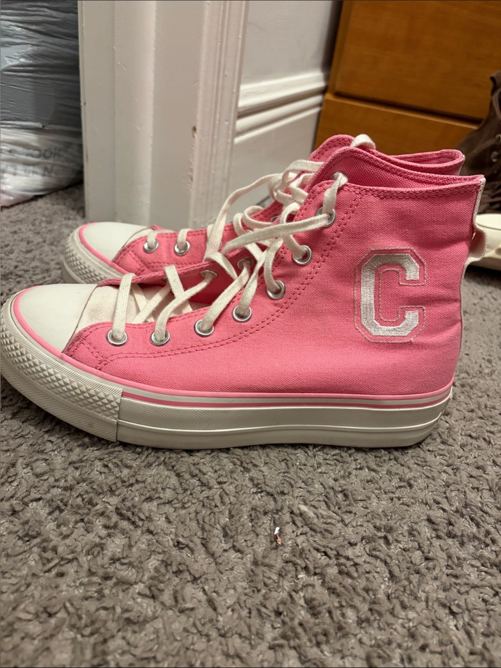 High-Top Canvas Sneakers in Pink with Letter Patch